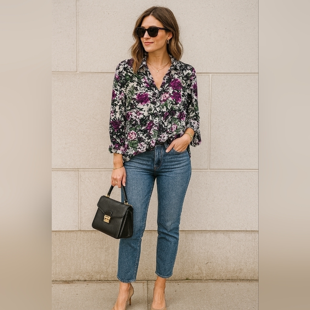 J. Jill Floral Button Down Blouse Size Medium Lightweight
